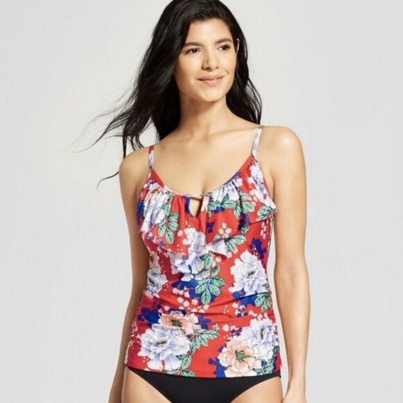CLEANWATER Red Floral Ruffle Keyhole Tankini Swim Top - Picture 1 of 5